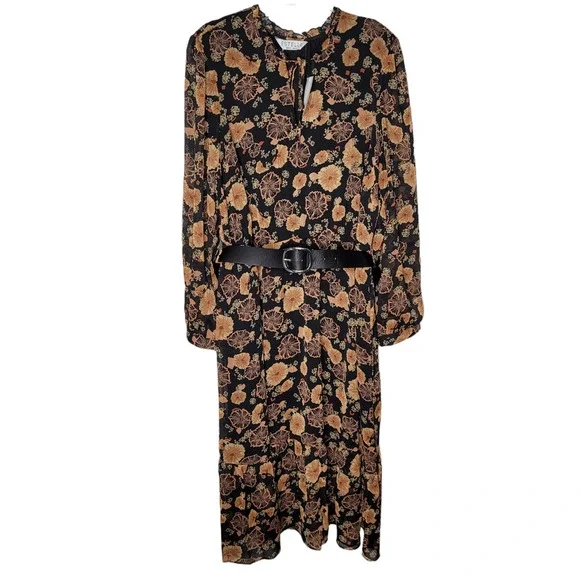 NWT Estelle Womens 1X Golden Blooms Shift Dress Floral Long Sleeve Belted Black - Picture 2 of 12